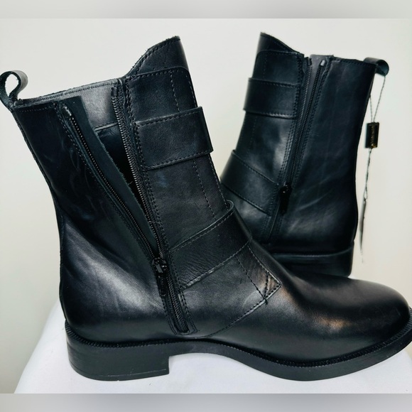NEW Emanuele Crasto Women’s Double Buckle Moto  Black Leather Boots Size 8 / 39 - Picture 3 of 12